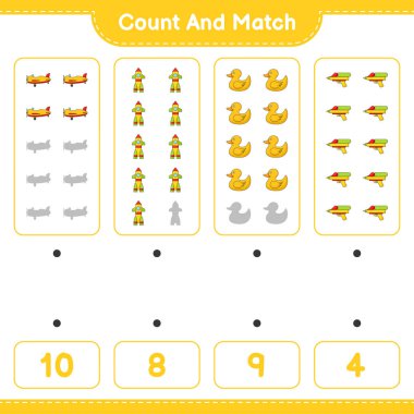 Say ve eşleştir, uçak, roket, lastik ördek, su tabancası sayısını say ve doğru rakamlarla eşleştir. Eğitimsel çocuk oyunu, yazdırılabilir çalışma tablosu, vektör illüstrasyonu