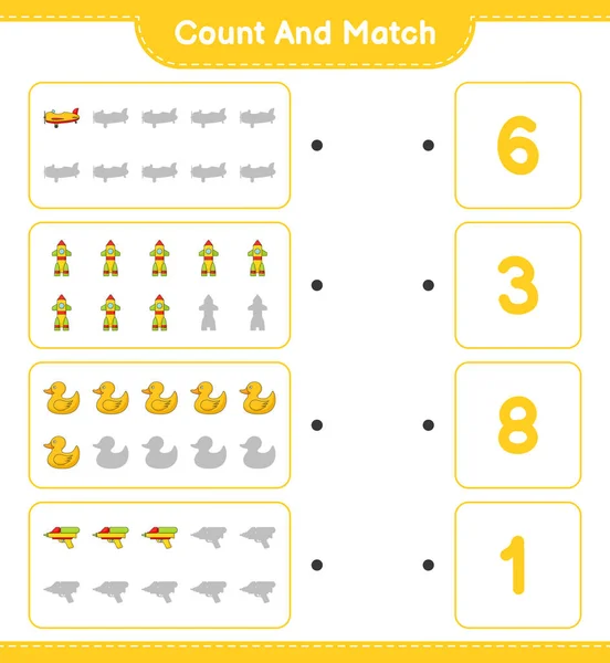 计数和匹配 计数平面 橡胶鸭 水枪的数量 并与正确的数量匹配 教育儿童游戏 可打印工作表 矢量图解 — 图库矢量图片