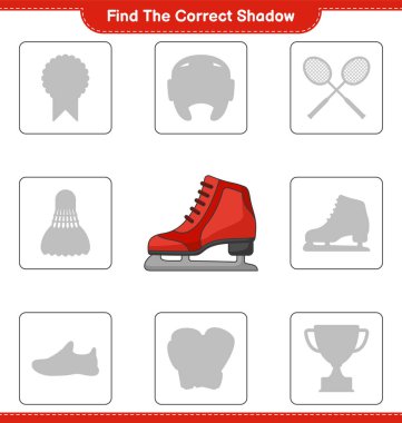 Find the correct shadow. Find and match the correct shadow of Ice Skates. Educational children game, printable worksheet, vector illustration