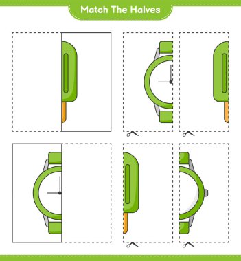 Yarıları eşleştir. Dondurma ve Saatlerin kibrit yarıları. Eğitimsel çocuk oyunu, yazdırılabilir çalışma tablosu, vektör illüstrasyonu