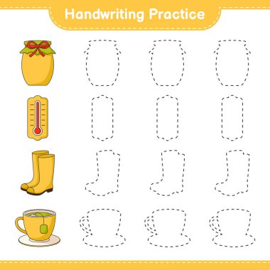 El yazısı pratiği. Termometre, lastik bot, çay fincanı ve reçel izleri. Eğitimsel çocuk oyunu, yazdırılabilir çalışma tablosu, vektör illüstrasyonu