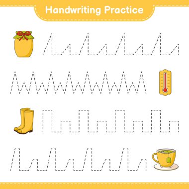 El yazısı pratiği. Termometre, lastik bot, çay fincanı ve reçel izleri. Eğitimsel çocuk oyunu, yazdırılabilir çalışma tablosu, vektör illüstrasyonu