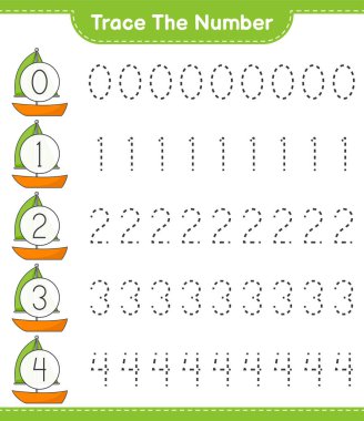 Numarayı takip et. Yelkenlinin takip numarası. Eğitimsel çocuk oyunu, yazdırılabilir çalışma tablosu, vektör illüstrasyonu