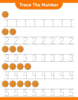 Numarayı takip et. İzleme numarası Orange. Eğitimsel çocuk oyunu, yazdırılabilir çalışma tablosu, vektör illüstrasyonu