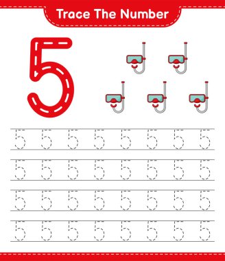 Numarayı takip et. Scuba Dalış Maskesi ile takip numarası. Eğitimsel çocuk oyunu, yazdırılabilir çalışma tablosu, vektör illüstrasyonu