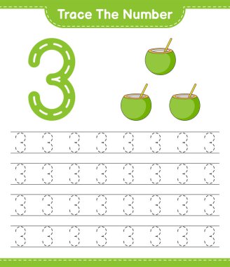 Numarayı takip et. Hindistan cevizli takip numarası. Eğitimsel çocuk oyunu, yazdırılabilir çalışma tablosu, vektör illüstrasyonu