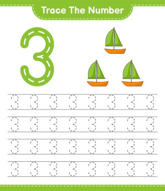 Numarayı takip et. Yelkenlinin takip numarası. Eğitimsel çocuk oyunu, yazdırılabilir çalışma tablosu, vektör illüstrasyonu