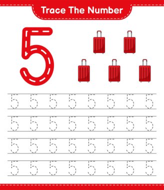 Numarayı takip et. Seyahat çantasının takip numarası. Eğitimsel çocuk oyunu, yazdırılabilir çalışma tablosu, vektör illüstrasyonu