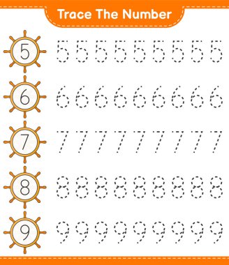 Numarayı takip et. Ship Steering Wheel 'in takip numarası. Eğitimsel çocuk oyunu, yazdırılabilir çalışma tablosu, vektör illüstrasyonu