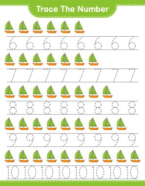 Numarayı takip et. Yelkenlinin takip numarası. Eğitimsel çocuk oyunu, yazdırılabilir çalışma tablosu, vektör illüstrasyonu