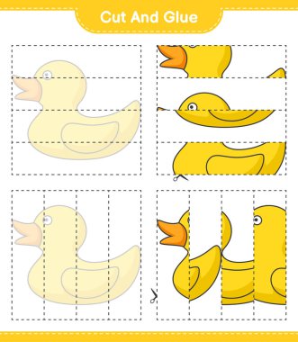 Kes ve yapıştır, Rubber Duck 'ın parçalarını kes ve yapıştır. Eğitimsel çocuk oyunu, yazdırılabilir çalışma tablosu, vektör illüstrasyonu
