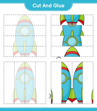 Kes ve yapıştır, Roket 'in parçalarını kes ve yapıştır. Eğitimsel çocuk oyunu, yazdırılabilir çalışma tablosu, vektör illüstrasyonu