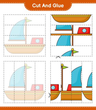 Kes ve yapıştır, botun parçalarını kes ve yapıştır. Eğitimsel çocuk oyunu, yazdırılabilir çalışma tablosu, vektör illüstrasyonu