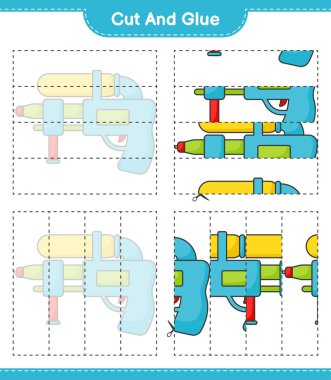 Kes ve yapıştır, Su Silahı 'nın parçalarını kes ve yapıştır. Eğitimsel çocuk oyunu, yazdırılabilir çalışma tablosu, vektör illüstrasyonu