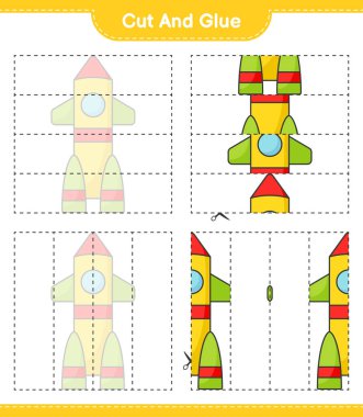 Kes ve yapıştır, Roket 'in parçalarını kes ve yapıştır. Eğitimsel çocuk oyunu, yazdırılabilir çalışma tablosu, vektör illüstrasyonu