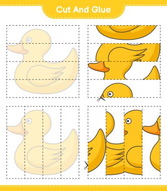 Kes ve yapıştır, Rubber Duck 'ın parçalarını kes ve yapıştır. Eğitimsel çocuk oyunu, yazdırılabilir çalışma tablosu, vektör illüstrasyonu