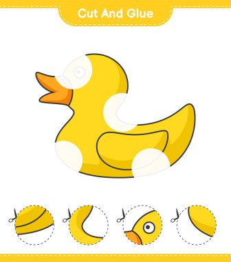 Kes ve yapıştır, Rubber Duck 'ın parçalarını kes ve yapıştır. Eğitimsel çocuk oyunu, yazdırılabilir çalışma tablosu, vektör illüstrasyonu