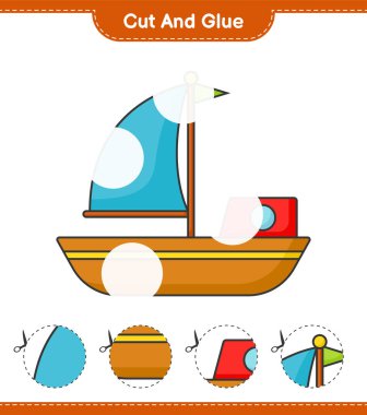 Kes ve yapıştır, botun parçalarını kes ve yapıştır. Eğitimsel çocuk oyunu, yazdırılabilir çalışma tablosu, vektör illüstrasyonu