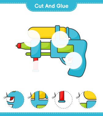 Kes ve yapıştır, Su Silahı 'nın parçalarını kes ve yapıştır. Eğitimsel çocuk oyunu, yazdırılabilir çalışma tablosu, vektör illüstrasyonu