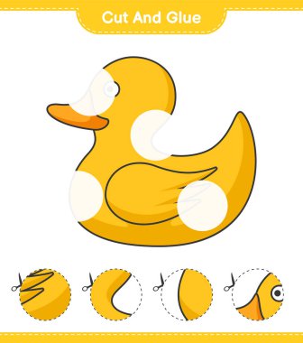Kes ve yapıştır, Rubber Duck 'ın parçalarını kes ve yapıştır. Eğitimsel çocuk oyunu, yazdırılabilir çalışma tablosu, vektör illüstrasyonu