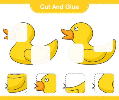 Kes ve yapıştır, Rubber Duck 'ın parçalarını kes ve yapıştır. Eğitimsel çocuk oyunu, yazdırılabilir çalışma tablosu, vektör illüstrasyonu