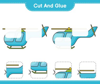 Kes ve yapıştır, helikopter parçalarını kes ve yapıştır. Eğitimsel çocuk oyunu, yazdırılabilir çalışma tablosu, vektör illüstrasyonu