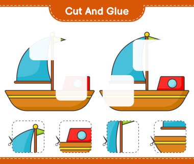 Kes ve yapıştır, botun parçalarını kes ve yapıştır. Eğitimsel çocuk oyunu, yazdırılabilir çalışma tablosu, vektör illüstrasyonu