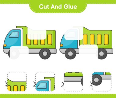 Kes ve yapıştır, Lorry 'nin parçalarını kes ve yapıştır. Eğitimsel çocuk oyunu, yazdırılabilir çalışma tablosu, vektör illüstrasyonu