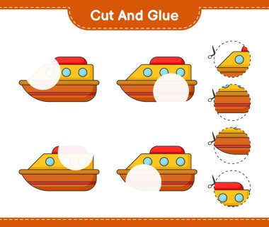 Kes ve yapıştır, botun parçalarını kes ve yapıştır. Eğitimsel çocuk oyunu, yazdırılabilir çalışma tablosu, vektör illüstrasyonu
