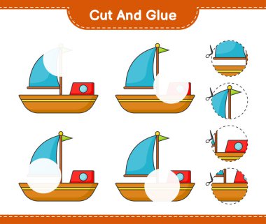 Kes ve yapıştır, botun parçalarını kes ve yapıştır. Eğitimsel çocuk oyunu, yazdırılabilir çalışma tablosu, vektör illüstrasyonu