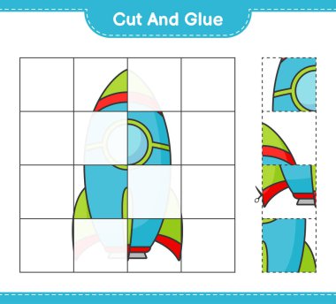 Kes ve yapıştır, Roket 'in parçalarını kes ve yapıştır. Eğitimsel çocuk oyunu, yazdırılabilir çalışma tablosu, vektör illüstrasyonu