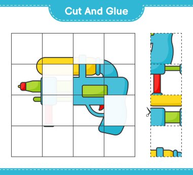 Kes ve yapıştır, Su Silahı 'nın parçalarını kes ve yapıştır. Eğitimsel çocuk oyunu, yazdırılabilir çalışma tablosu, vektör illüstrasyonu