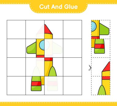 Kes ve yapıştır, Roket 'in parçalarını kes ve yapıştır. Eğitimsel çocuk oyunu, yazdırılabilir çalışma tablosu, vektör illüstrasyonu