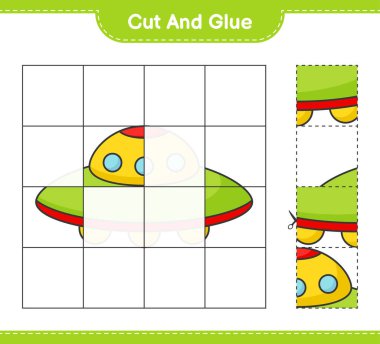 Kes ve yapıştır, Ufo 'nun parçalarını kes ve yapıştır. Eğitimsel çocuk oyunu, yazdırılabilir çalışma tablosu, vektör illüstrasyonu