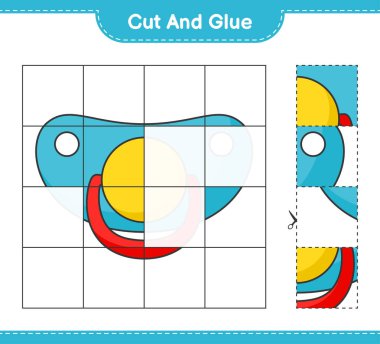 Kes ve yapıştır, emzik parçalarını kes ve yapıştır. Eğitimsel çocuk oyunu, yazdırılabilir çalışma tablosu, vektör illüstrasyonu