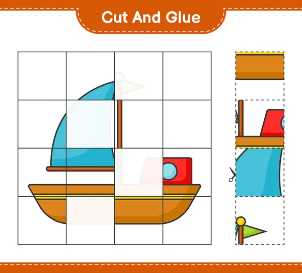 切割和粘贴 切割和粘贴船的部分 教育儿童游戏 可打印工作表 矢量图解 — 图库矢量图片