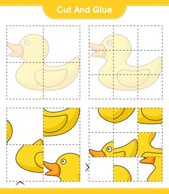 Kes ve yapıştır, Rubber Duck 'ın parçalarını kes ve yapıştır. Eğitimsel çocuk oyunu, yazdırılabilir çalışma tablosu, vektör illüstrasyonu