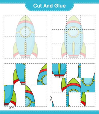 Kes ve yapıştır, Roket 'in parçalarını kes ve yapıştır. Eğitimsel çocuk oyunu, yazdırılabilir çalışma tablosu, vektör illüstrasyonu
