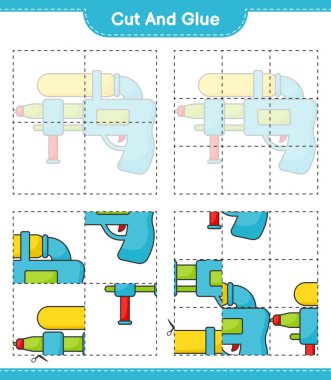 Kes ve yapıştır, Su Silahı 'nın parçalarını kes ve yapıştır. Eğitimsel çocuk oyunu, yazdırılabilir çalışma tablosu, vektör illüstrasyonu