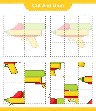Kes ve yapıştır, Su Silahı 'nın parçalarını kes ve yapıştır. Eğitimsel çocuk oyunu, yazdırılabilir çalışma tablosu, vektör illüstrasyonu
