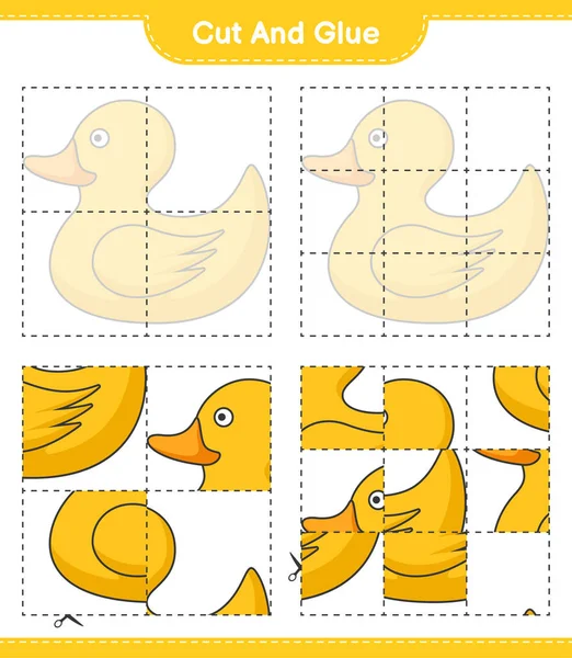 Kes ve yapıştır, Rubber Duck 'ın parçalarını kes ve yapıştır. Eğitimsel çocuk oyunu, yazdırılabilir çalışma tablosu, vektör illüstrasyonu