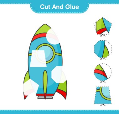 Kes ve yapıştır, Roket 'in parçalarını kes ve yapıştır. Eğitimsel çocuk oyunu, yazdırılabilir çalışma tablosu, vektör illüstrasyonu