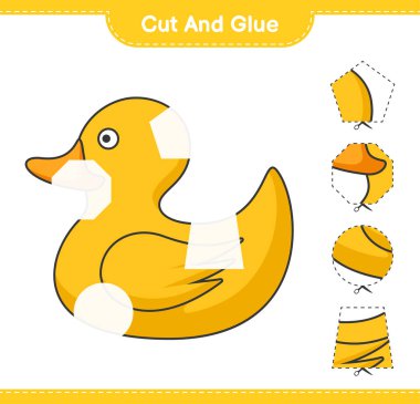 Kes ve yapıştır, Rubber Duck 'ın parçalarını kes ve yapıştır. Eğitimsel çocuk oyunu, yazdırılabilir çalışma tablosu, vektör illüstrasyonu