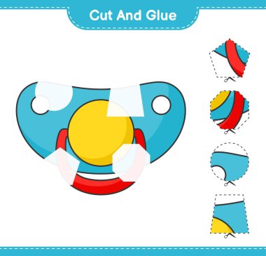 Kes ve yapıştır, emzik parçalarını kes ve yapıştır. Eğitimsel çocuk oyunu, yazdırılabilir çalışma tablosu, vektör illüstrasyonu