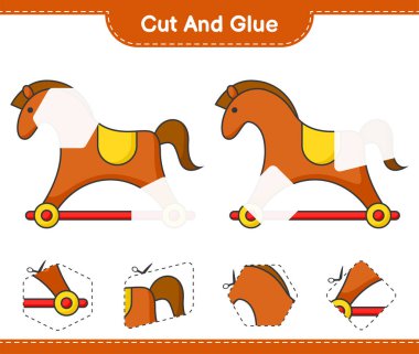 Kes ve yapıştır, Sallanan At 'ın parçalarını kes ve yapıştır. Eğitimsel çocuk oyunu, yazdırılabilir çalışma tablosu, vektör illüstrasyonu