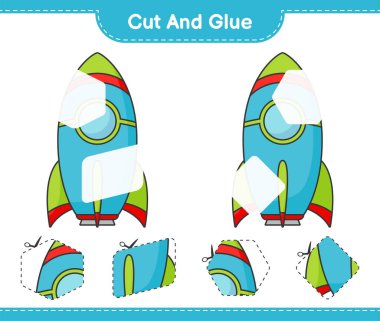 Kes ve yapıştır, Roket 'in parçalarını kes ve yapıştır. Eğitimsel çocuk oyunu, yazdırılabilir çalışma tablosu, vektör illüstrasyonu