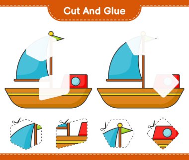 Kes ve yapıştır, botun parçalarını kes ve yapıştır. Eğitimsel çocuk oyunu, yazdırılabilir çalışma tablosu, vektör illüstrasyonu