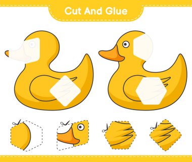 Kes ve yapıştır, Rubber Duck 'ın parçalarını kes ve yapıştır. Eğitimsel çocuk oyunu, yazdırılabilir çalışma tablosu, vektör illüstrasyonu