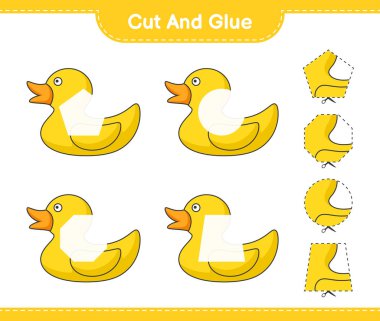 Kes ve yapıştır, Rubber Duck 'ın parçalarını kes ve yapıştır. Eğitimsel çocuk oyunu, yazdırılabilir çalışma tablosu, vektör illüstrasyonu