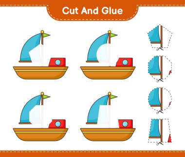 Kes ve yapıştır, botun parçalarını kes ve yapıştır. Eğitimsel çocuk oyunu, yazdırılabilir çalışma tablosu, vektör illüstrasyonu